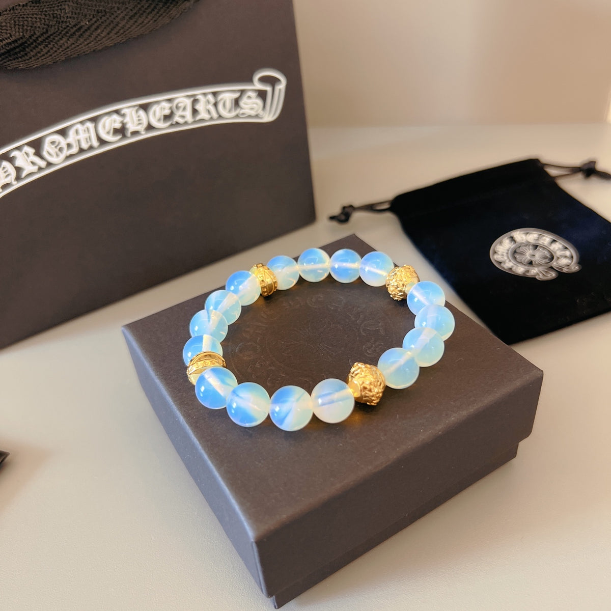 Chrome Hearts Pale Blue Bead Gold Accent Bracelet - album image 6