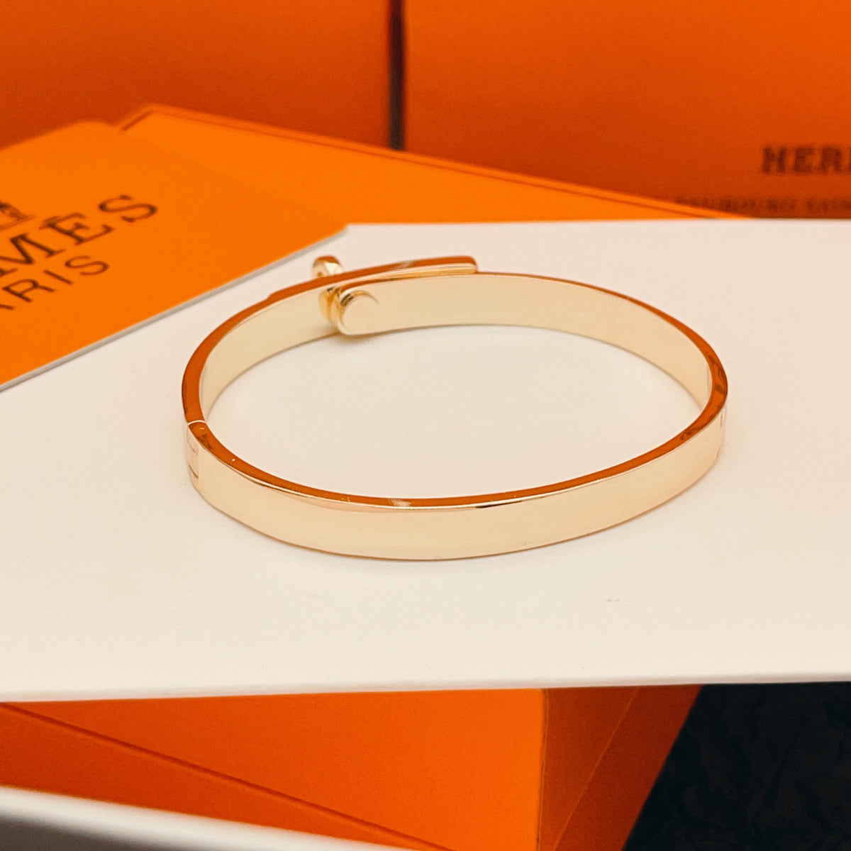 Hermès Orange Leather Gold-Tone Bar Bracelet - album image 5