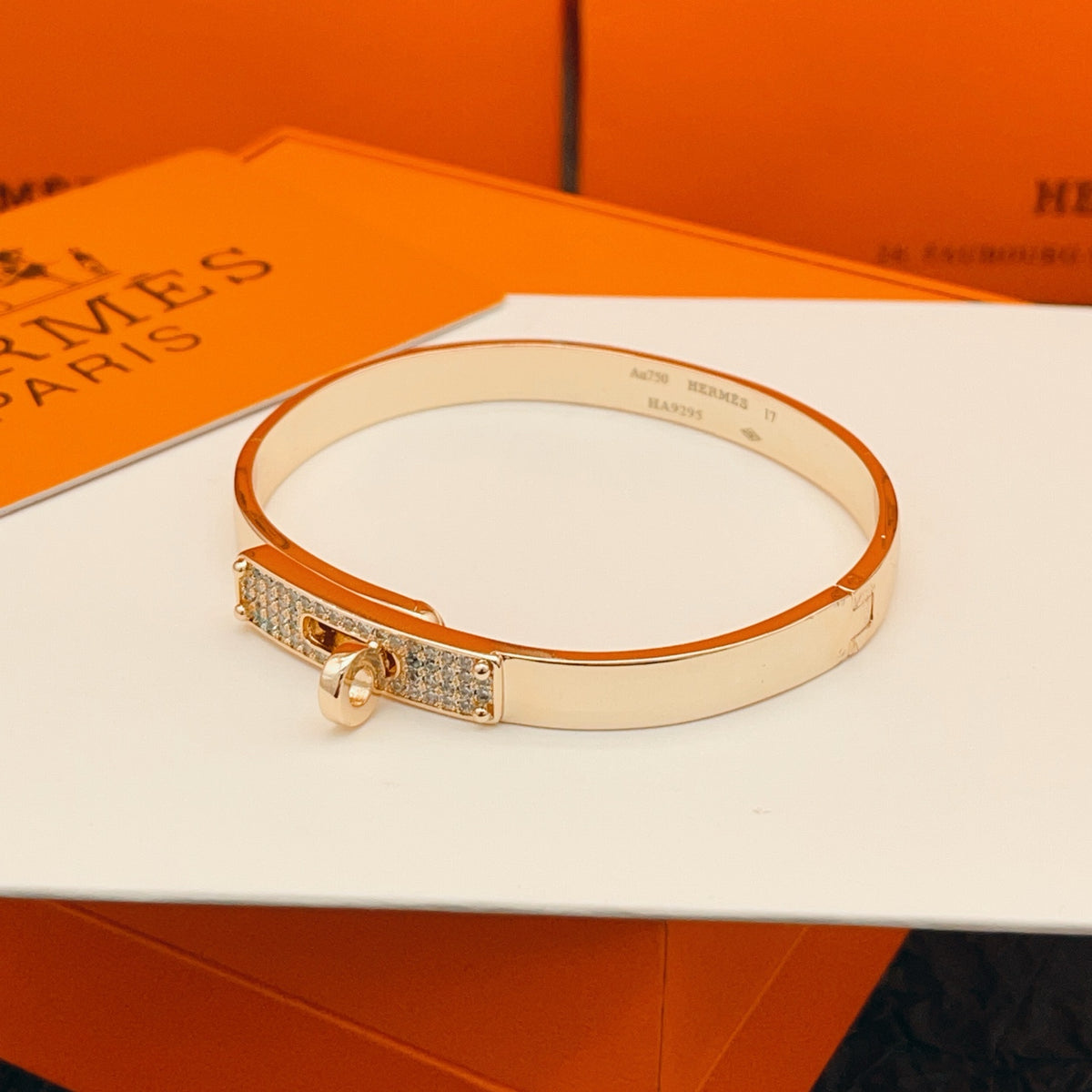 Hermès Orange Leather Gold-Tone Bar Bracelet - album image 2