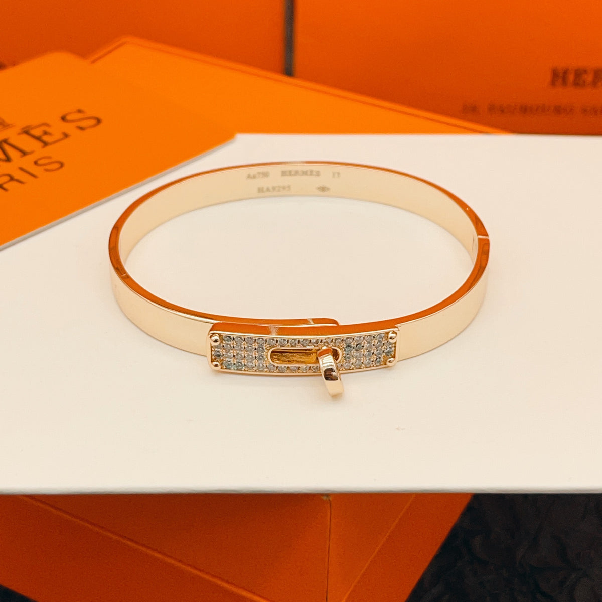 Hermès Orange Leather Gold-Tone Bar Bracelet - album image 1