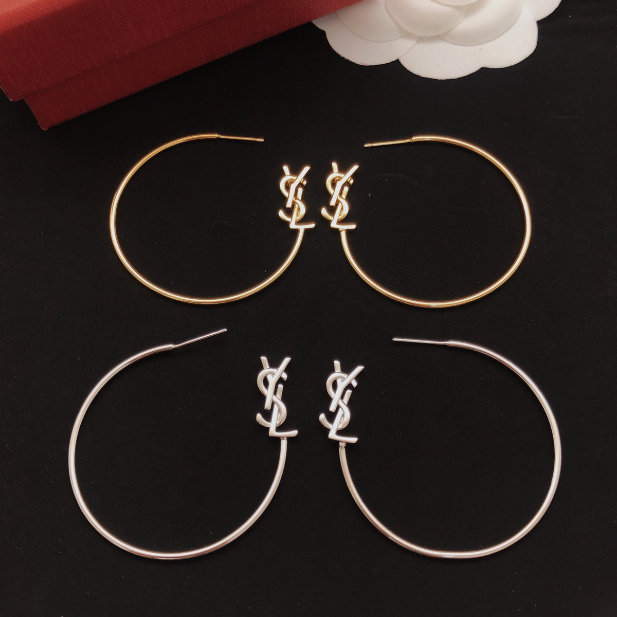 Saint Laurent Silver-Tone Monogram Oval Hoop Earrings - album image 6