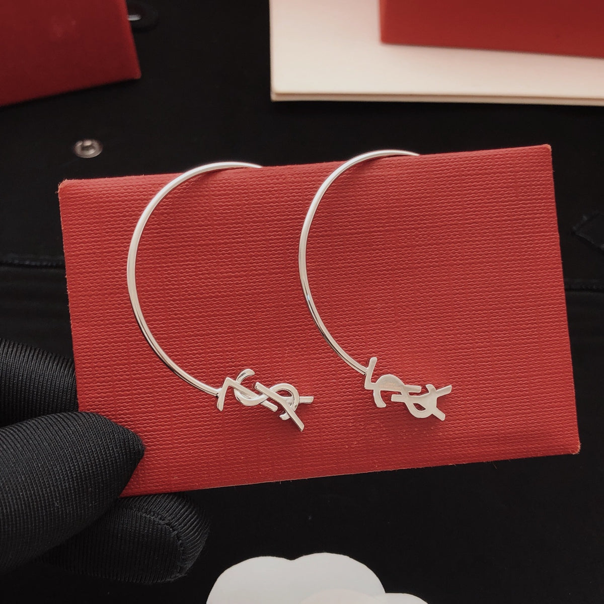 Saint Laurent Silver-Tone Monogram Oval Hoop Earrings - album image 2