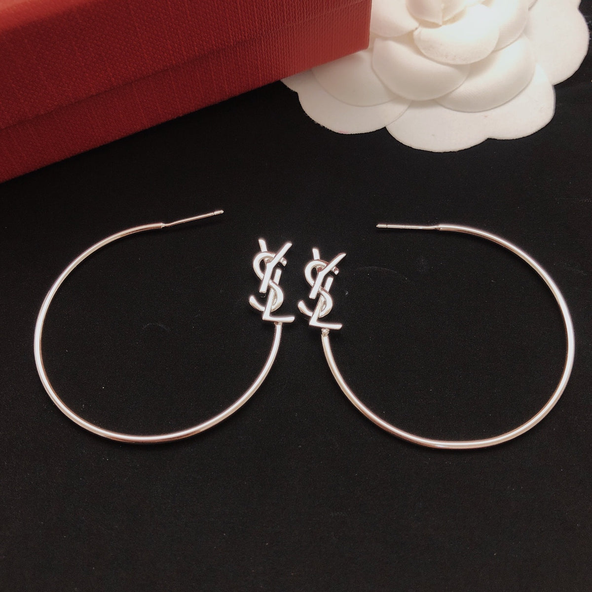 Saint Laurent Silver-Tone Monogram Oval Hoop Earrings - album image 5
