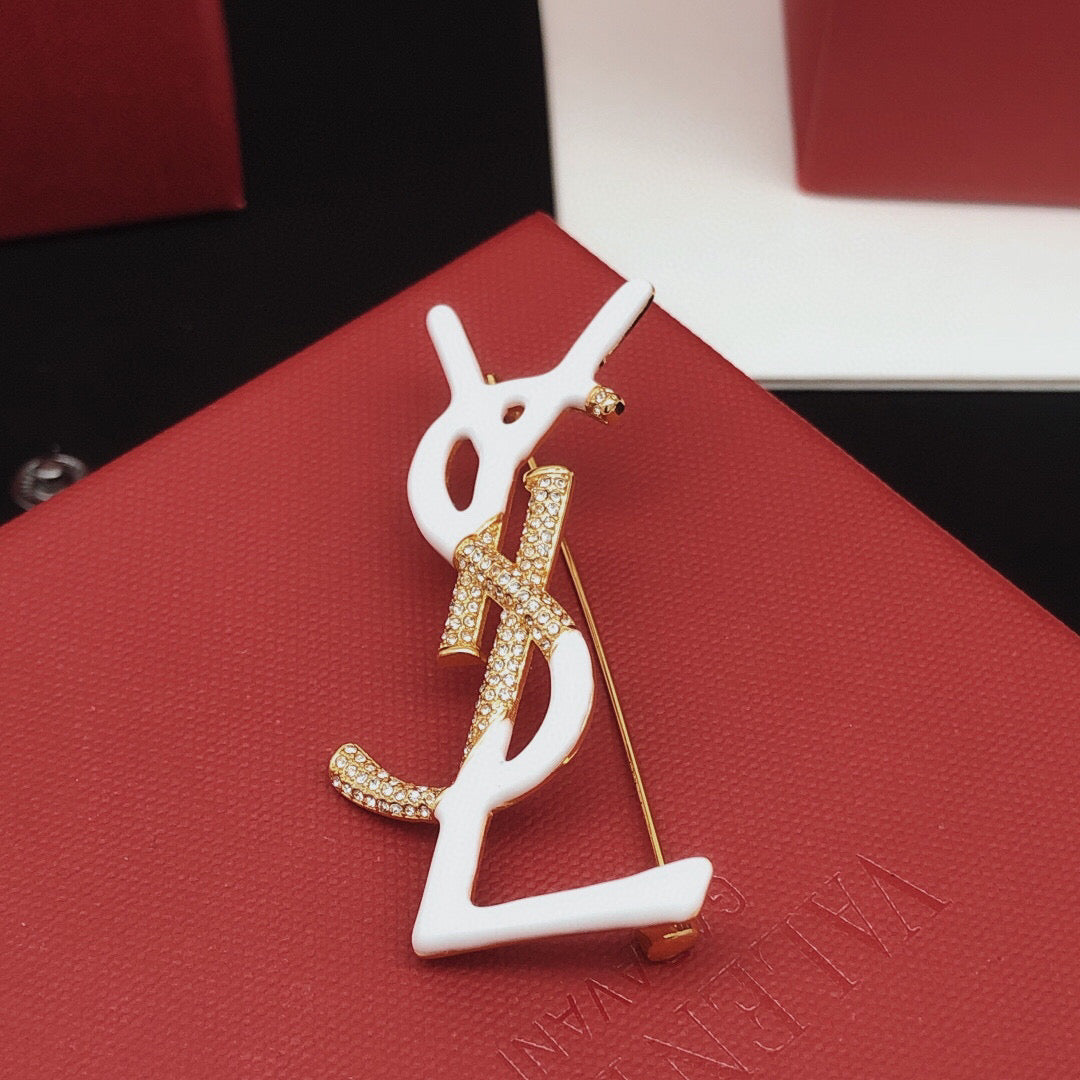 Saint Laurent Gold-Tone White Enamel Monogram Brooch - album image 3