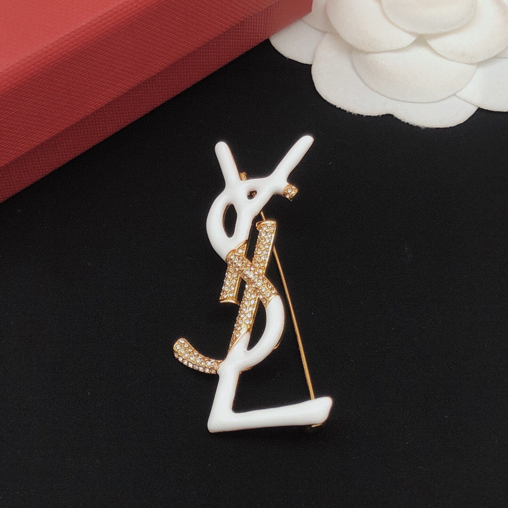 Saint Laurent Gold-Tone White Enamel Monogram Brooch - album image 9