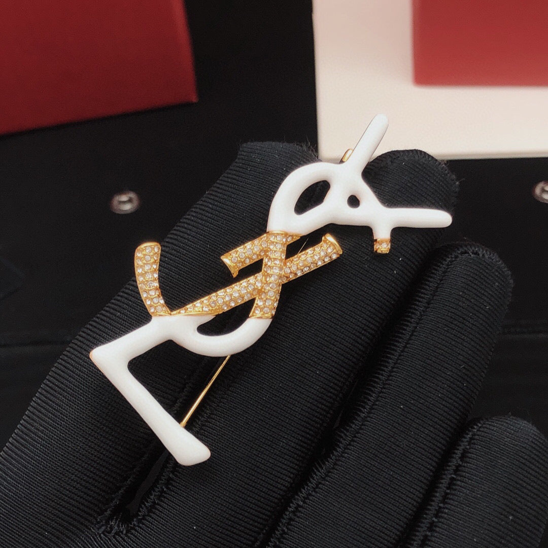 Saint Laurent Gold-Tone White Enamel Monogram Brooch - album image 8