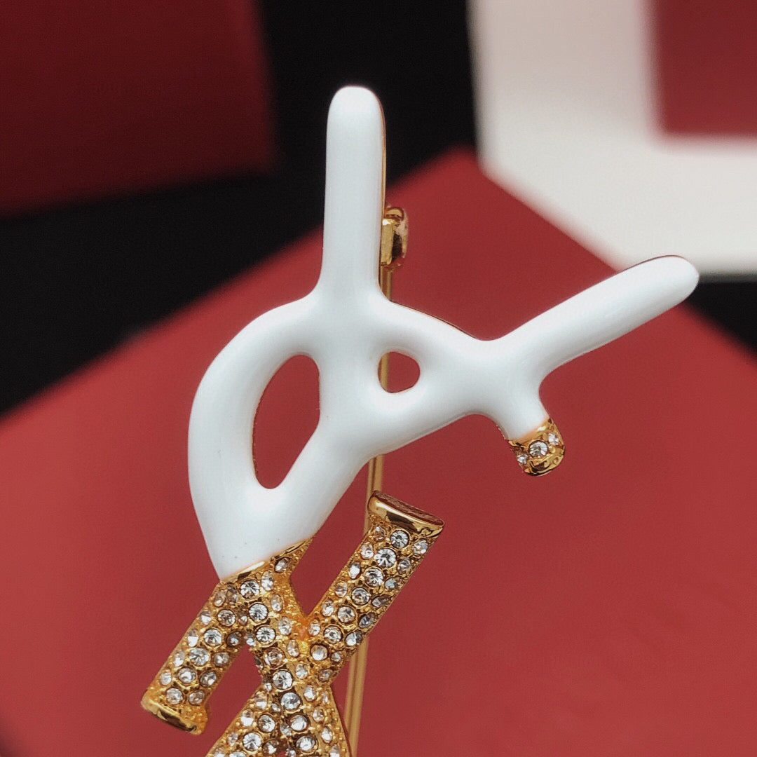 Saint Laurent Gold-Tone White Enamel Monogram Brooch - album image 5