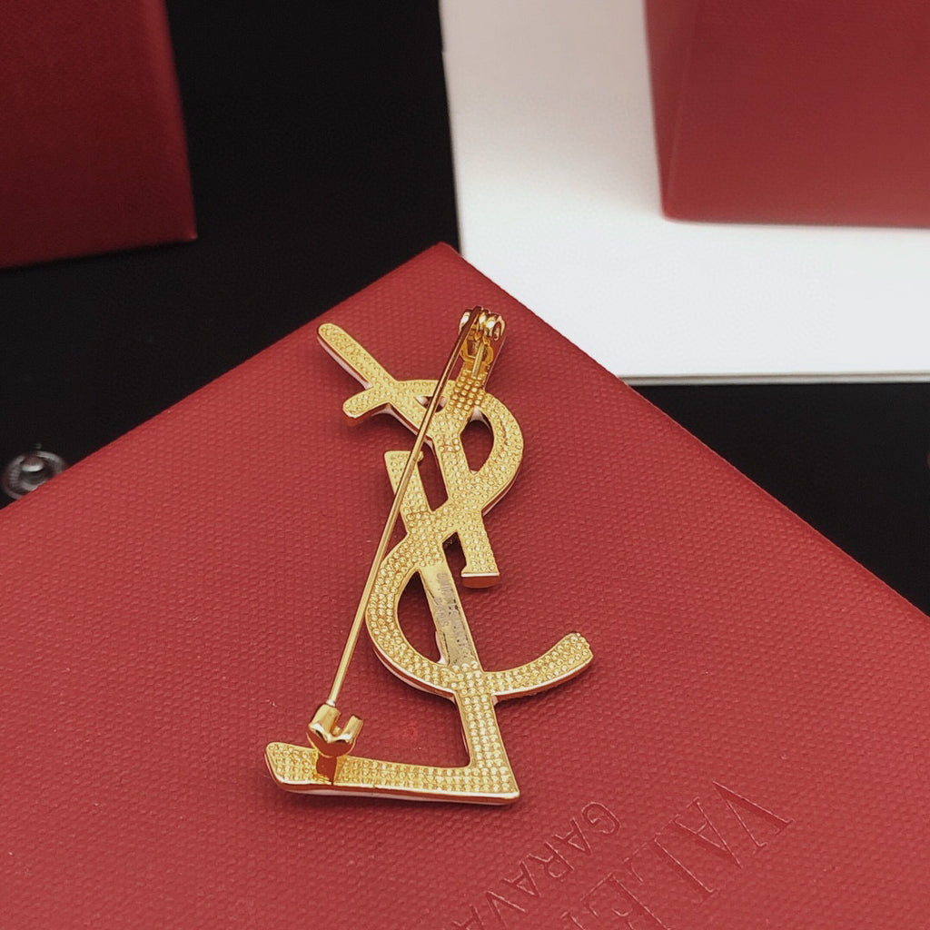 Saint Laurent Gold-Tone White Enamel Monogram Brooch - album image 4
