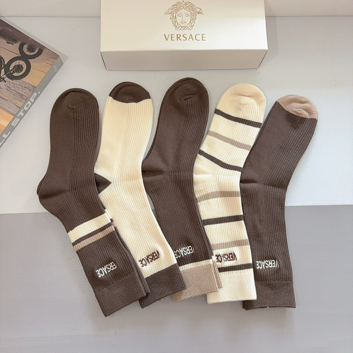 Versace earth tone ribbed stripes crew socks - view 4
