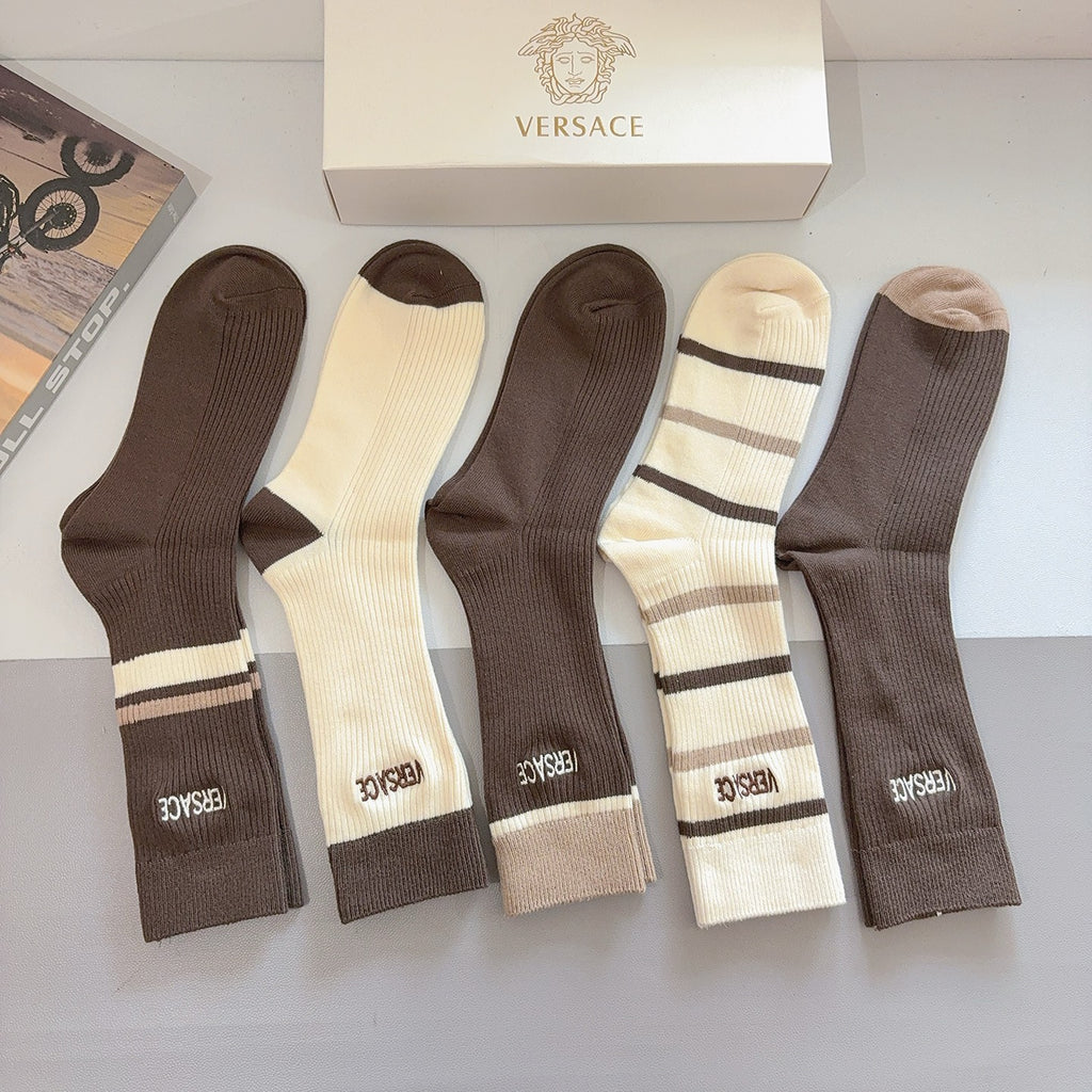 Versace earth tone ribbed stripes crew socks - view 3