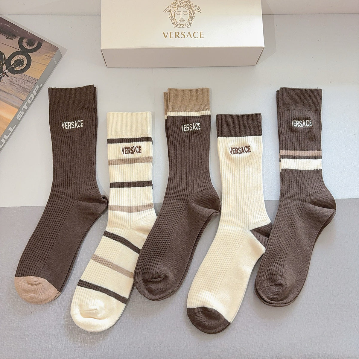 Versace earth tone ribbed stripes crew socks - view 6