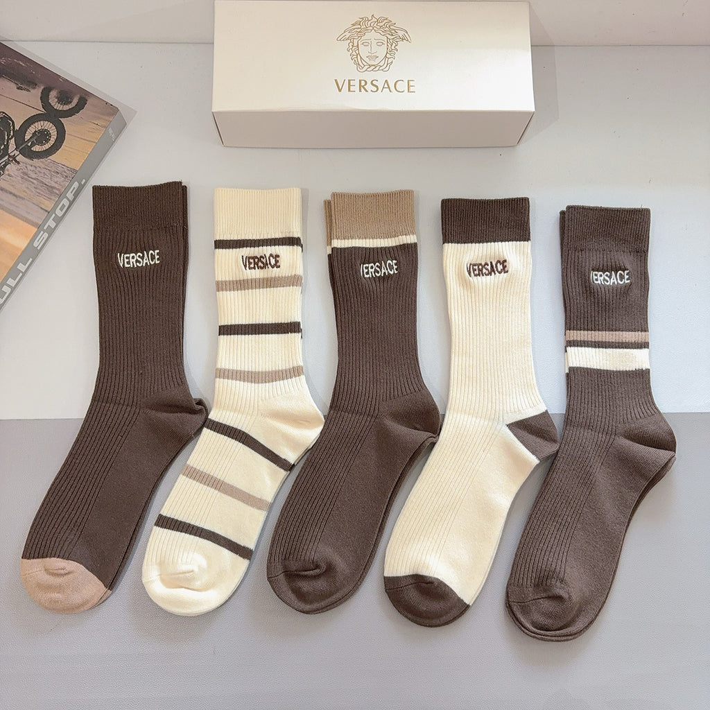 Versace earth tone ribbed stripes crew socks - view 2
