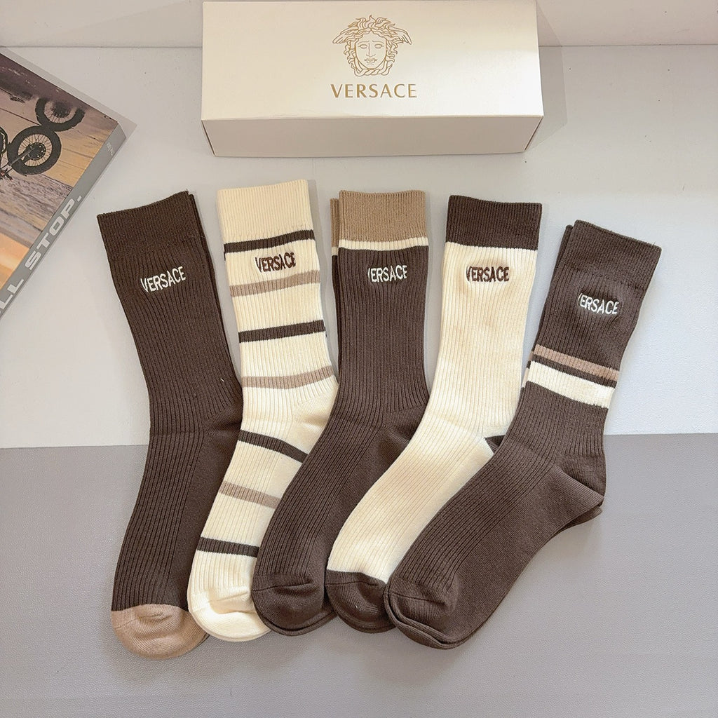 Versace earth tone ribbed stripes crew socks - view 1