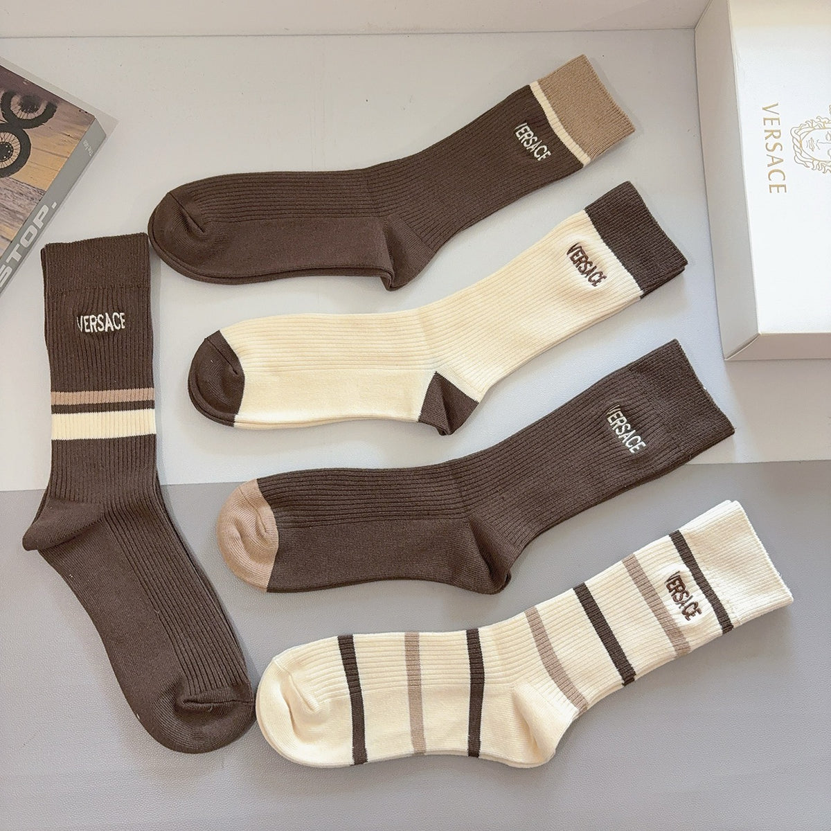 Versace earth tone ribbed stripes crew socks - view 8