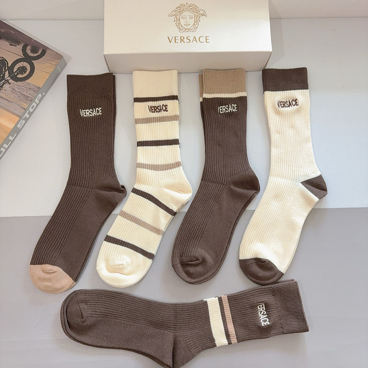 Versace earth tone ribbed stripes crew socks - view 5