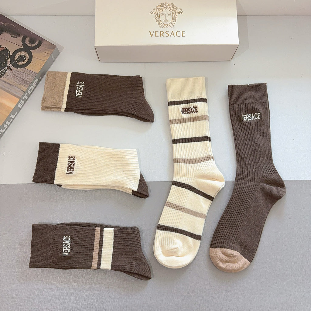 Versace earth tone ribbed stripes crew socks - view 7
