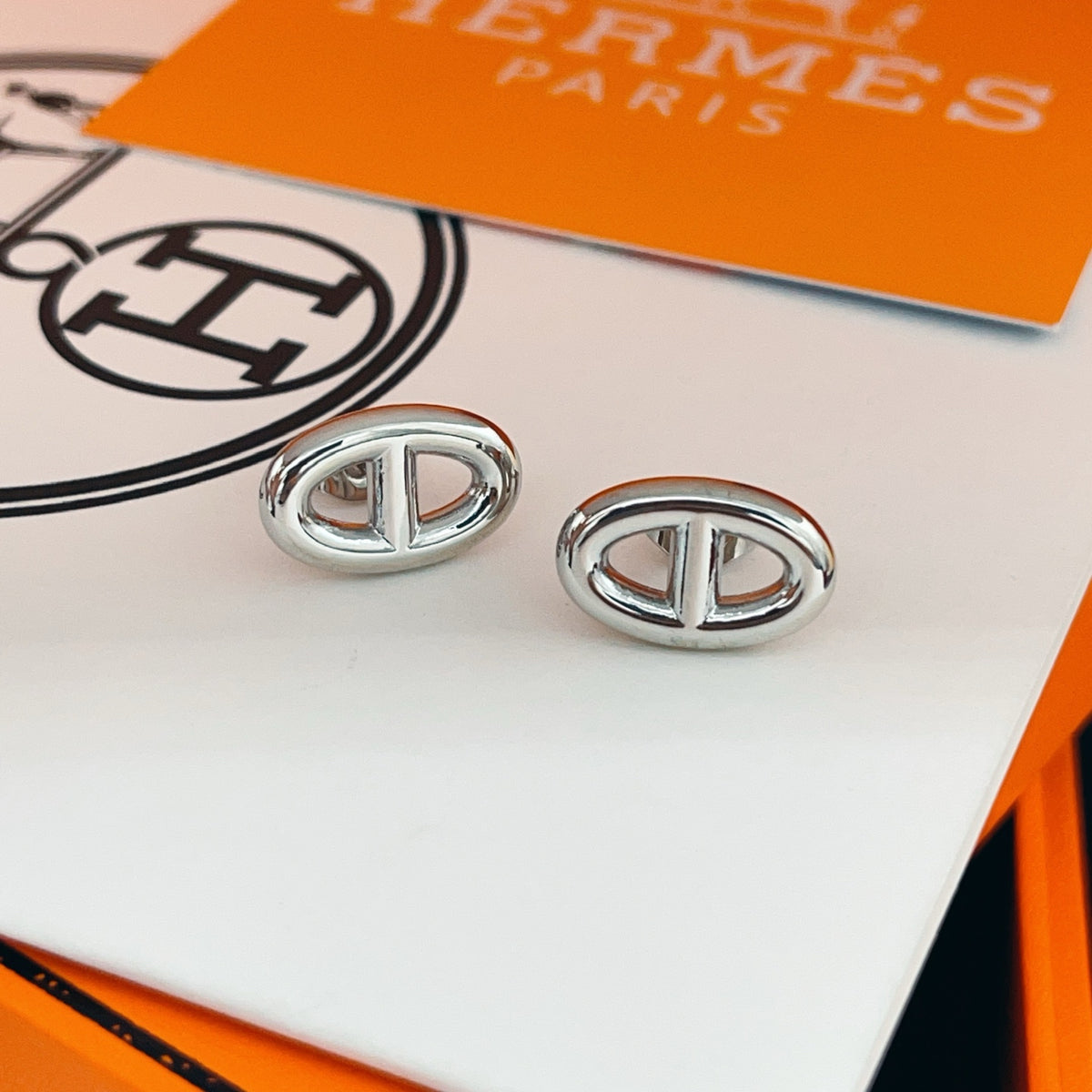 Hermès Silver-Tone Oval H Stud Earrings - album image 3