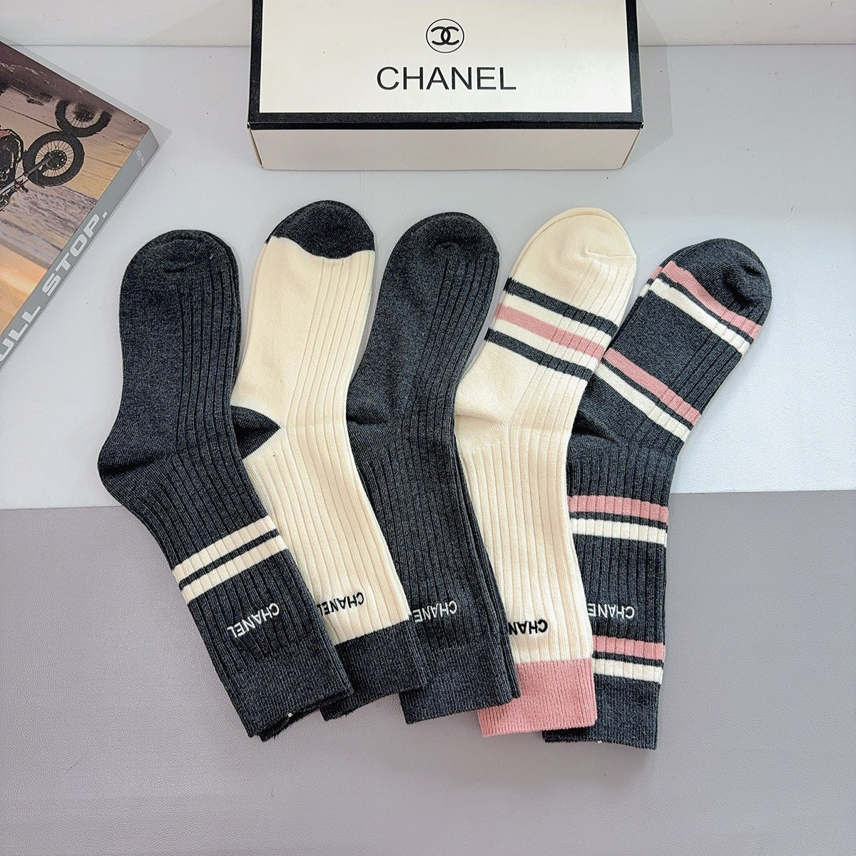 Chanel striped ribbed color assortment crew socks - view 4