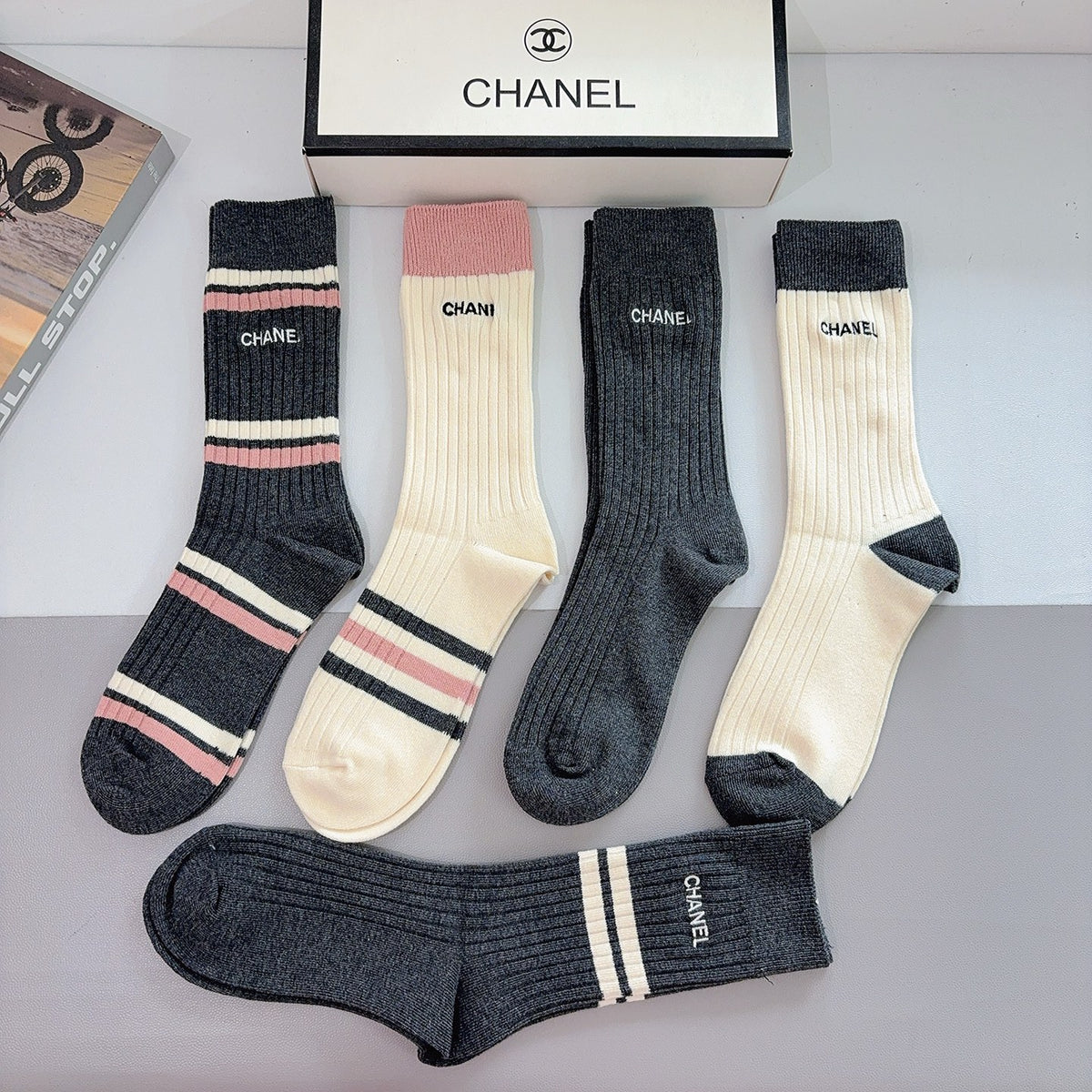 Chanel striped ribbed color assortment crew socks - view 5