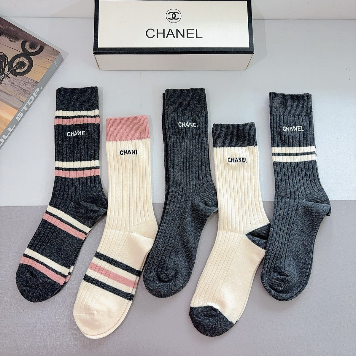 Chanel striped ribbed color assortment crew socks - view 8