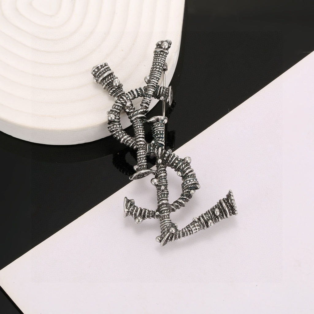 Saint Laurent Dark Silver-Tone Crystal Monogram Brooch - album image 2