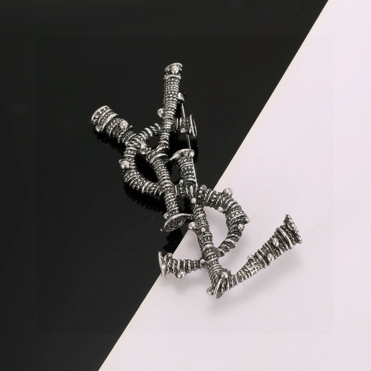 Saint Laurent Dark Silver-Tone Crystal Monogram Brooch - album image 1