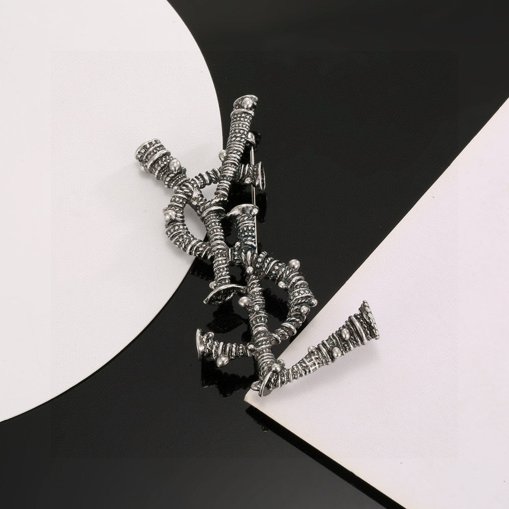 Saint Laurent Dark Silver-Tone Crystal Monogram Brooch - album image 4