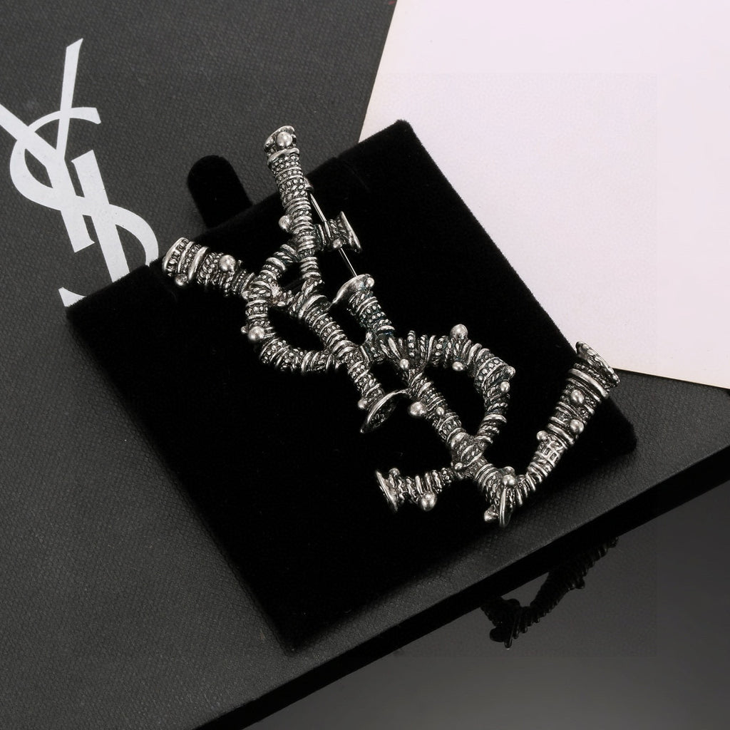 Saint Laurent Dark Silver-Tone Crystal Monogram Brooch - album image 6