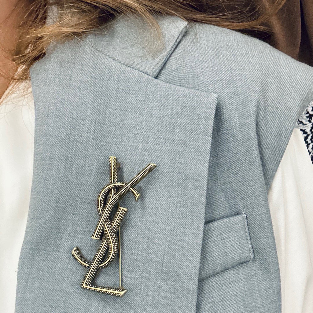 Saint Laurent Silver and Antique Gold-Tone Monogram Brooch - album image 4