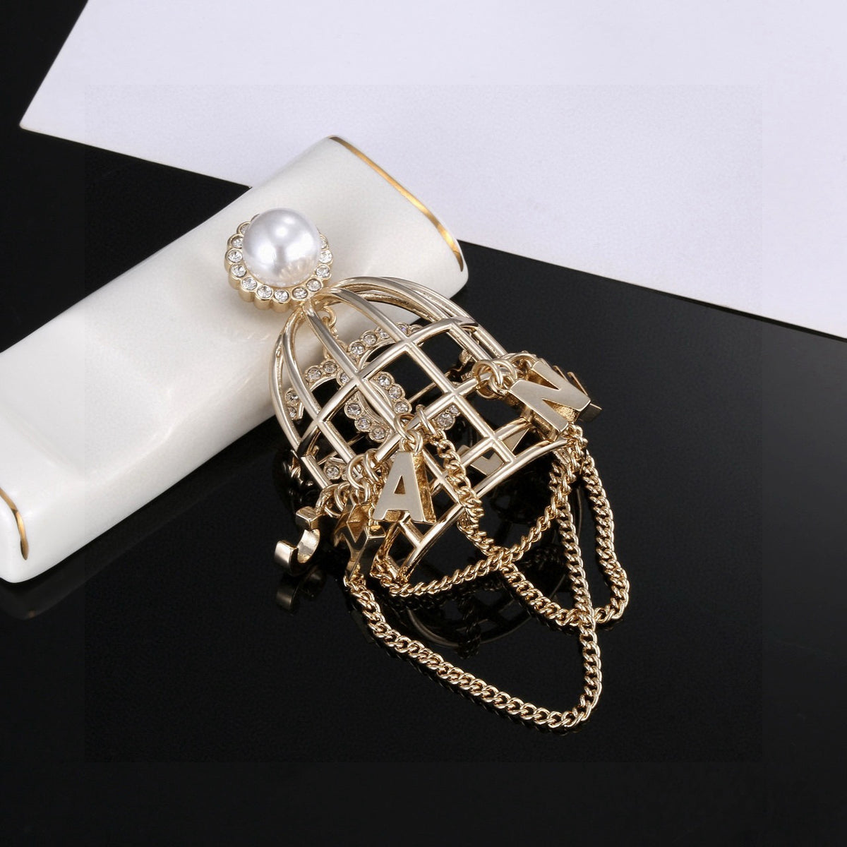 Chanel Interlocking C Letter Tassel Crystal Accent Brooch - album image 7