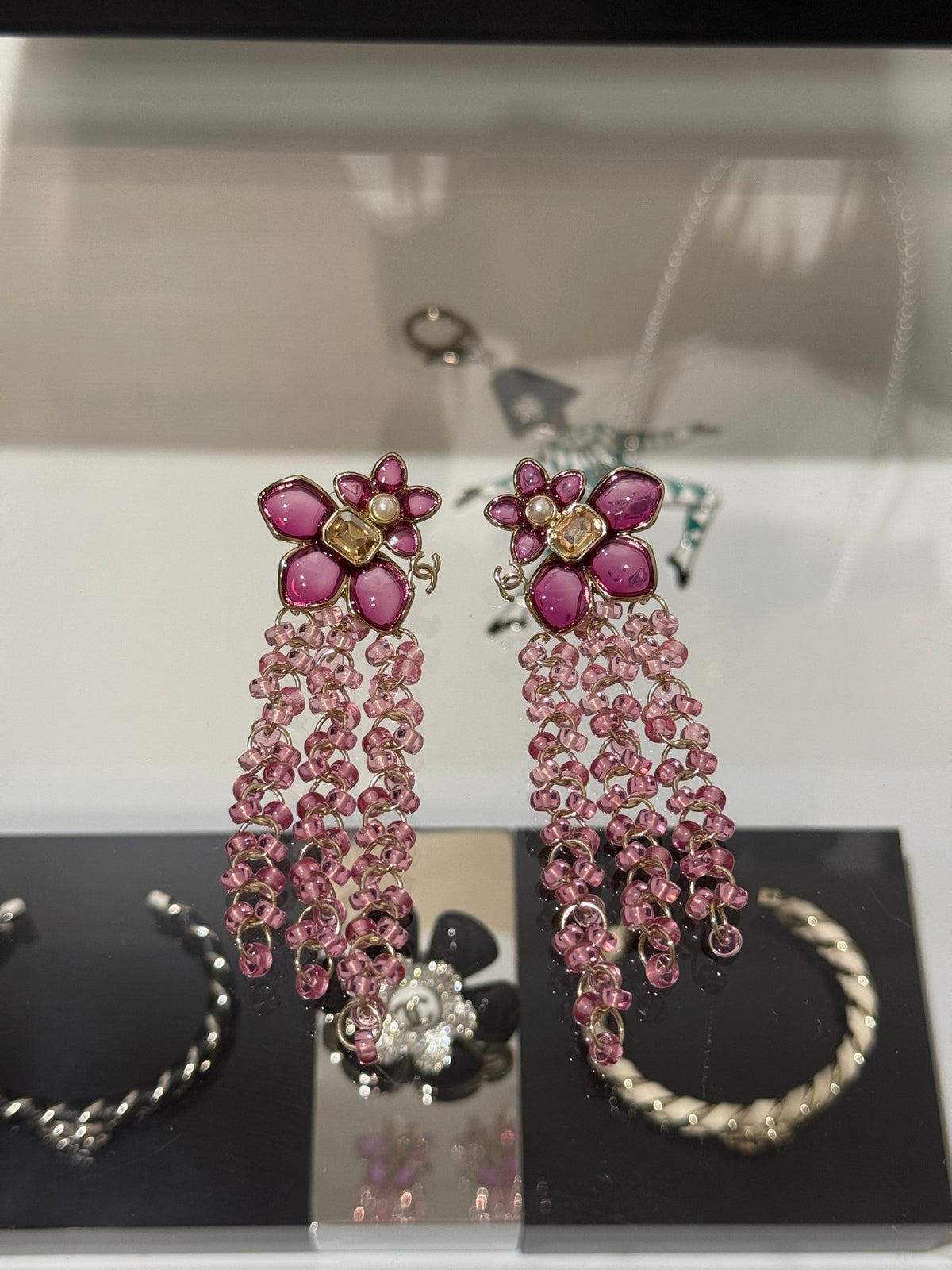 Chanel Interlocking C Resin Gold-Tone Pink Pearl Earrings - album image 1