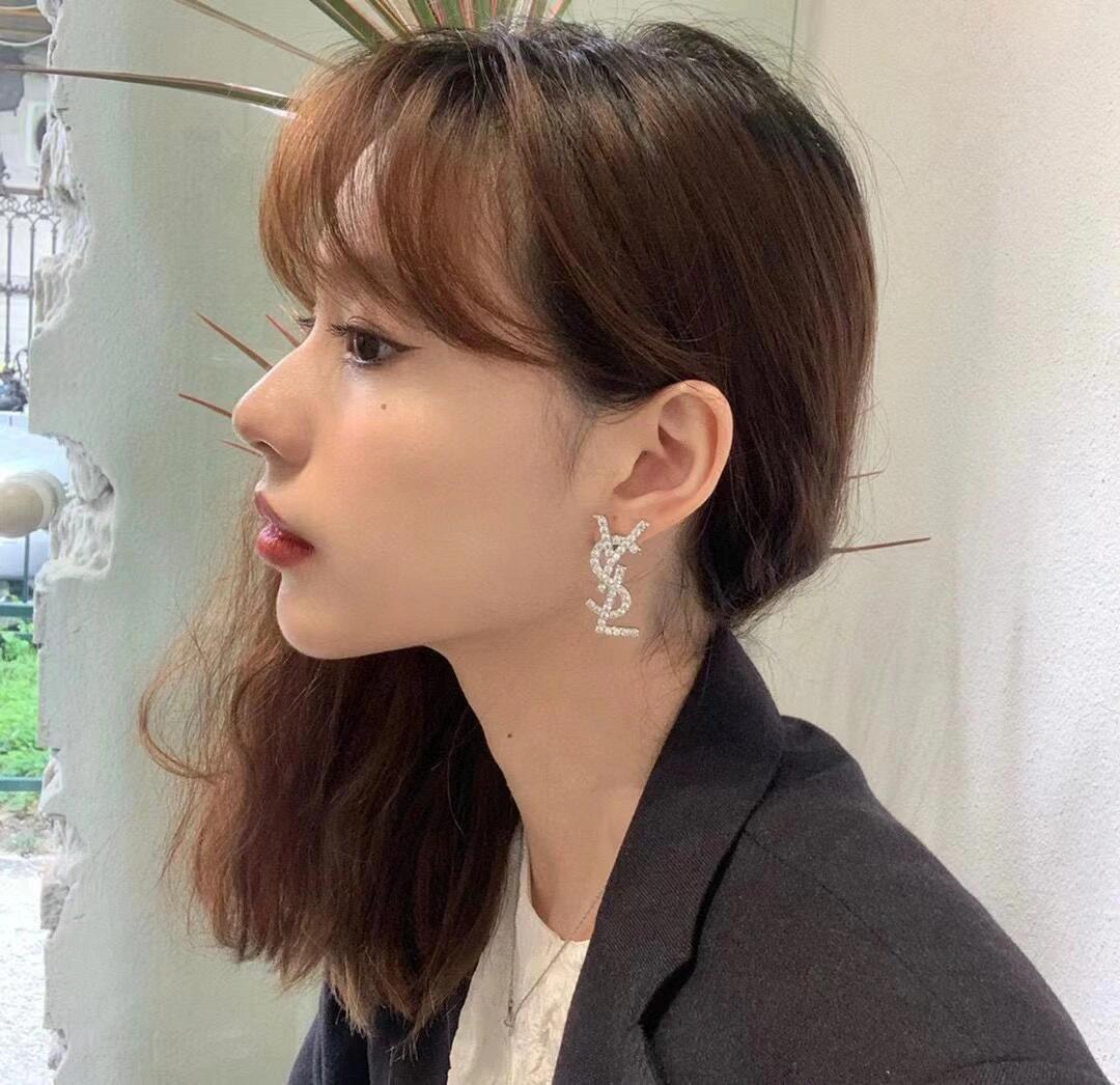 Saint Laurent Silver-Tone Crystal Monogram Stud Earrings - album image 10