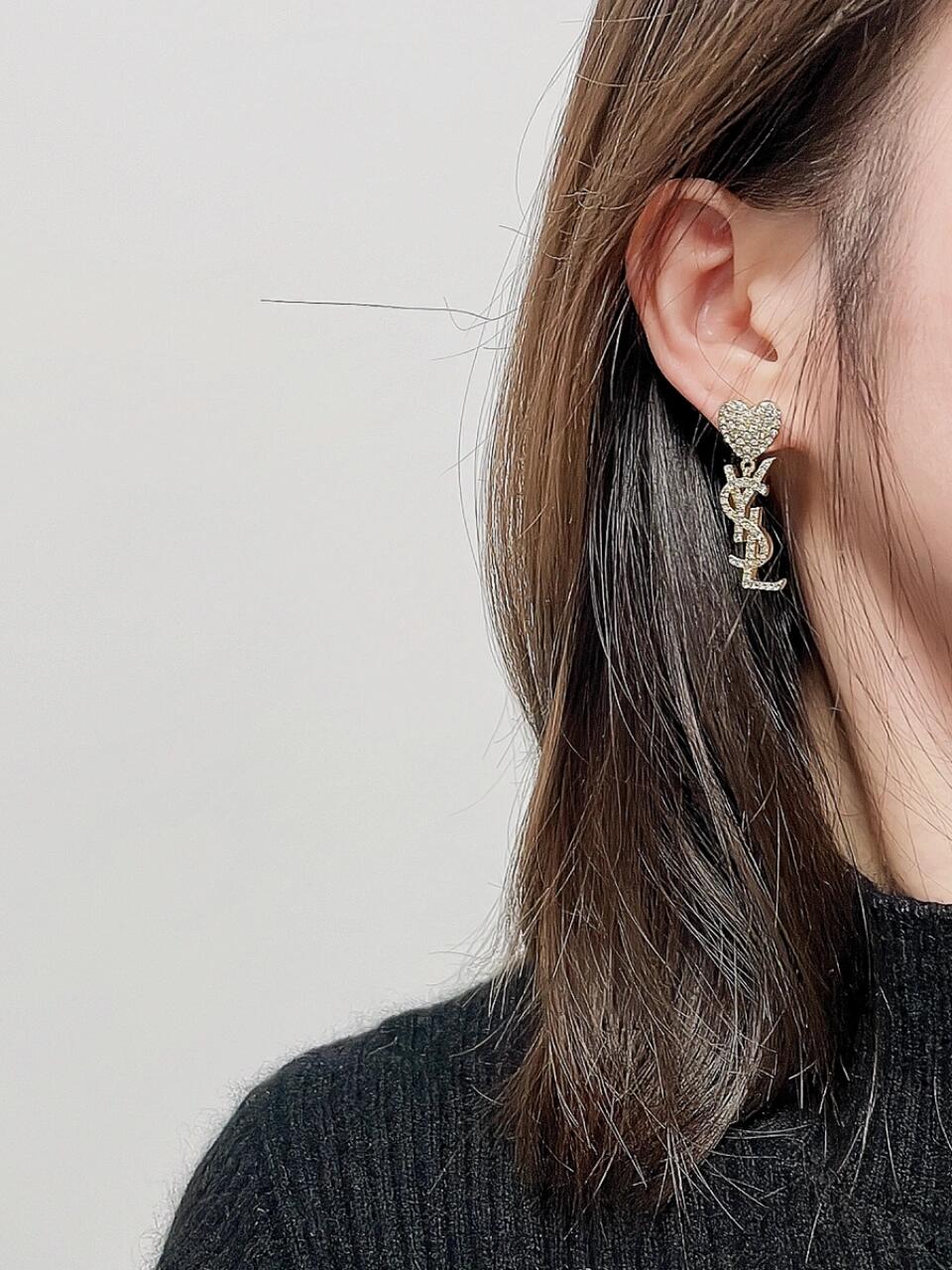 Saint Laurent Crystal Heart Monogram Drop Earrings in Two Metal Tones - album image 9