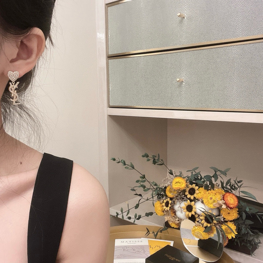 Saint Laurent Crystal Heart Monogram Drop Earrings in Two Metal Tones - album image 10