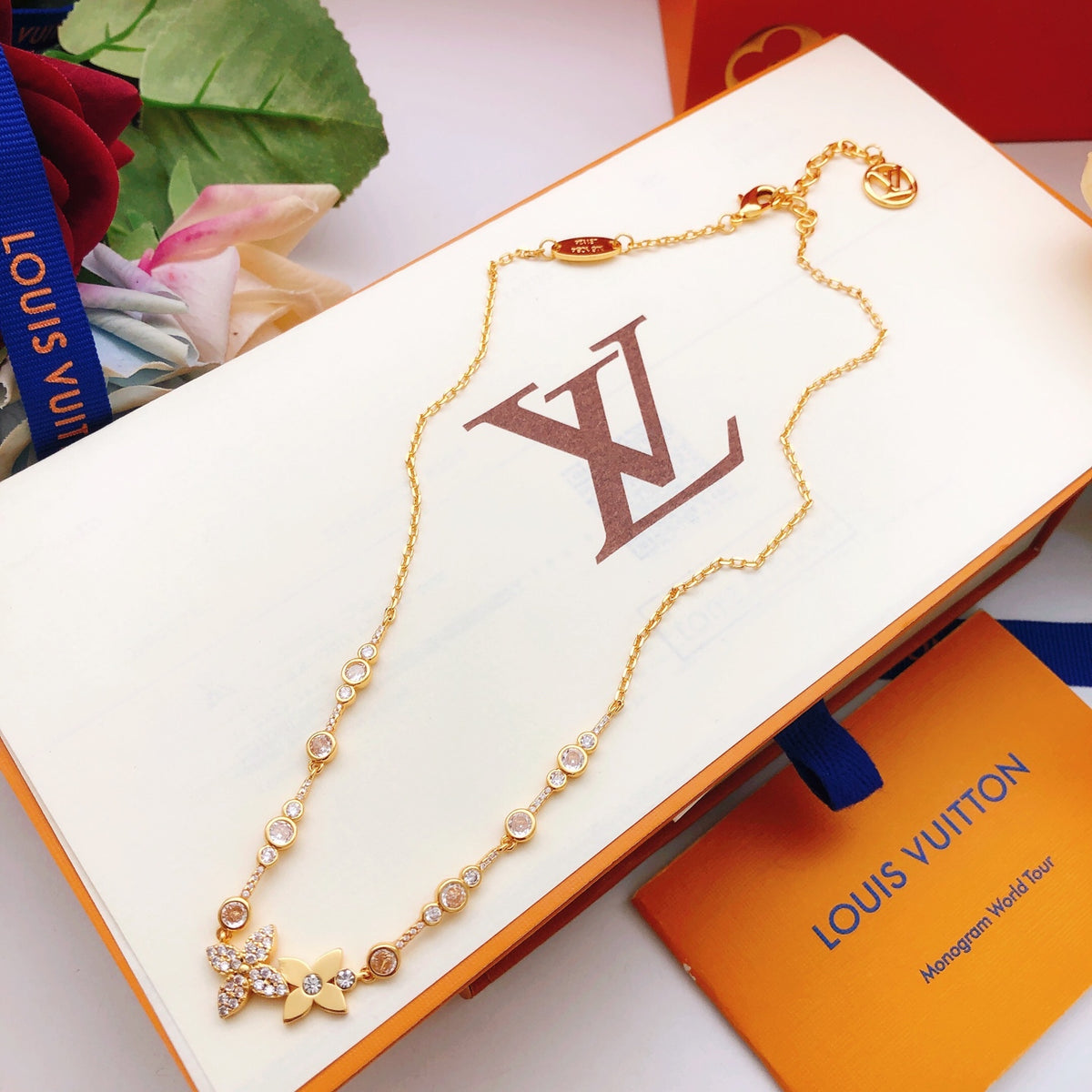 Louis Vuitton Gold-Tone Flower Crystal Accent Polished Necklace - album image 6