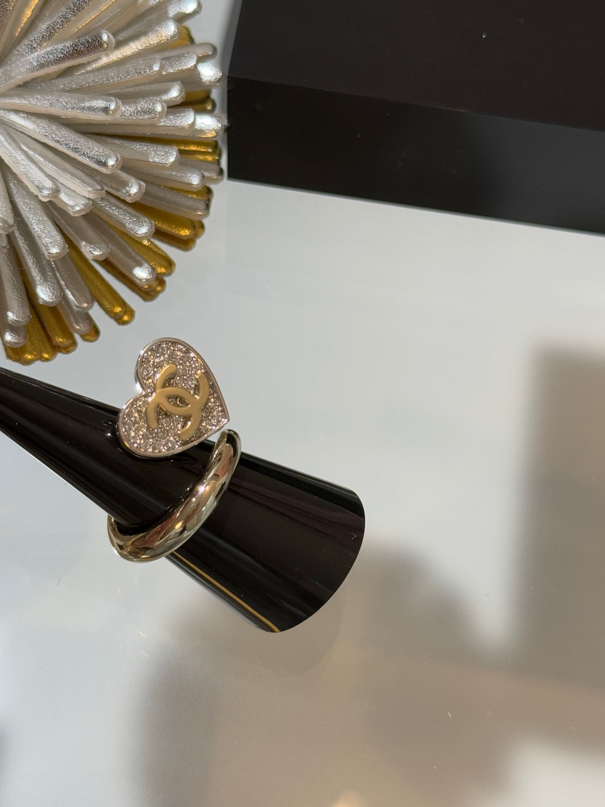 Chanel Interlocking C Two-Tone Heart Open Crystal Accent Ring - album image 1