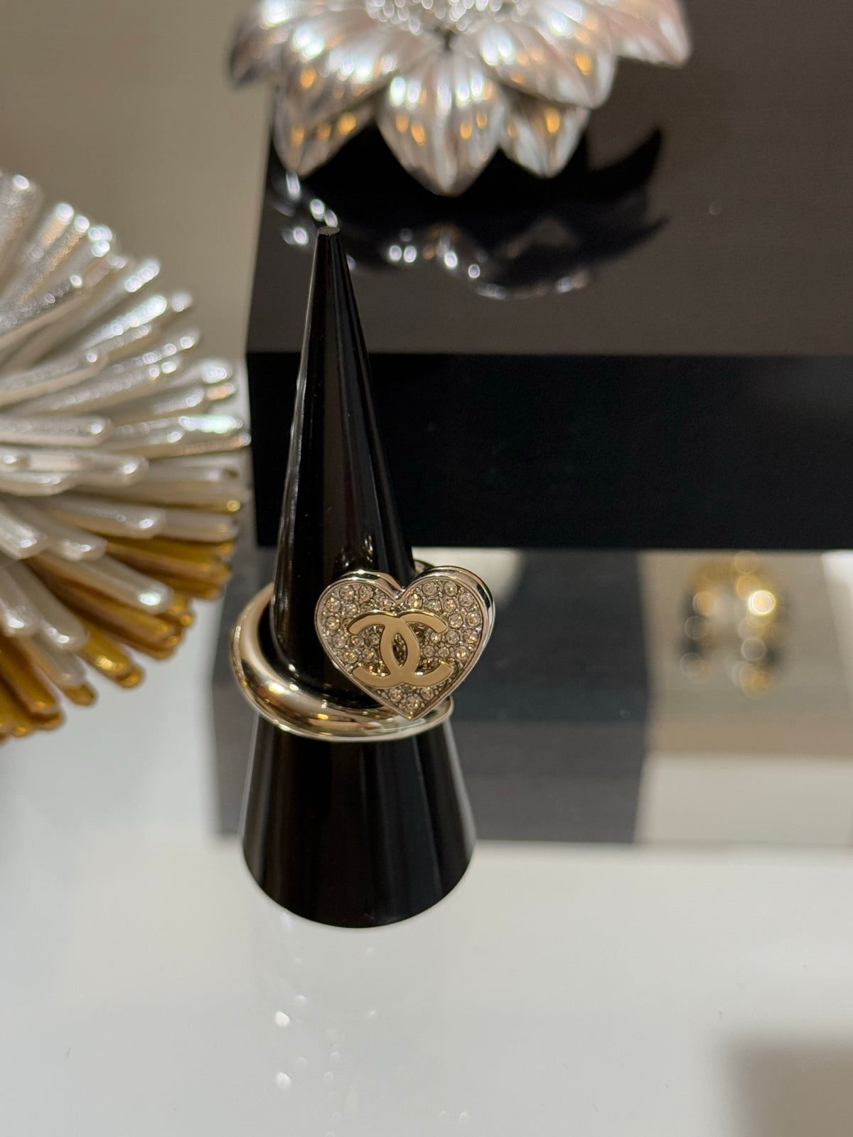 Chanel Interlocking C Two-Tone Heart Open Crystal Accent Ring - album image 2
