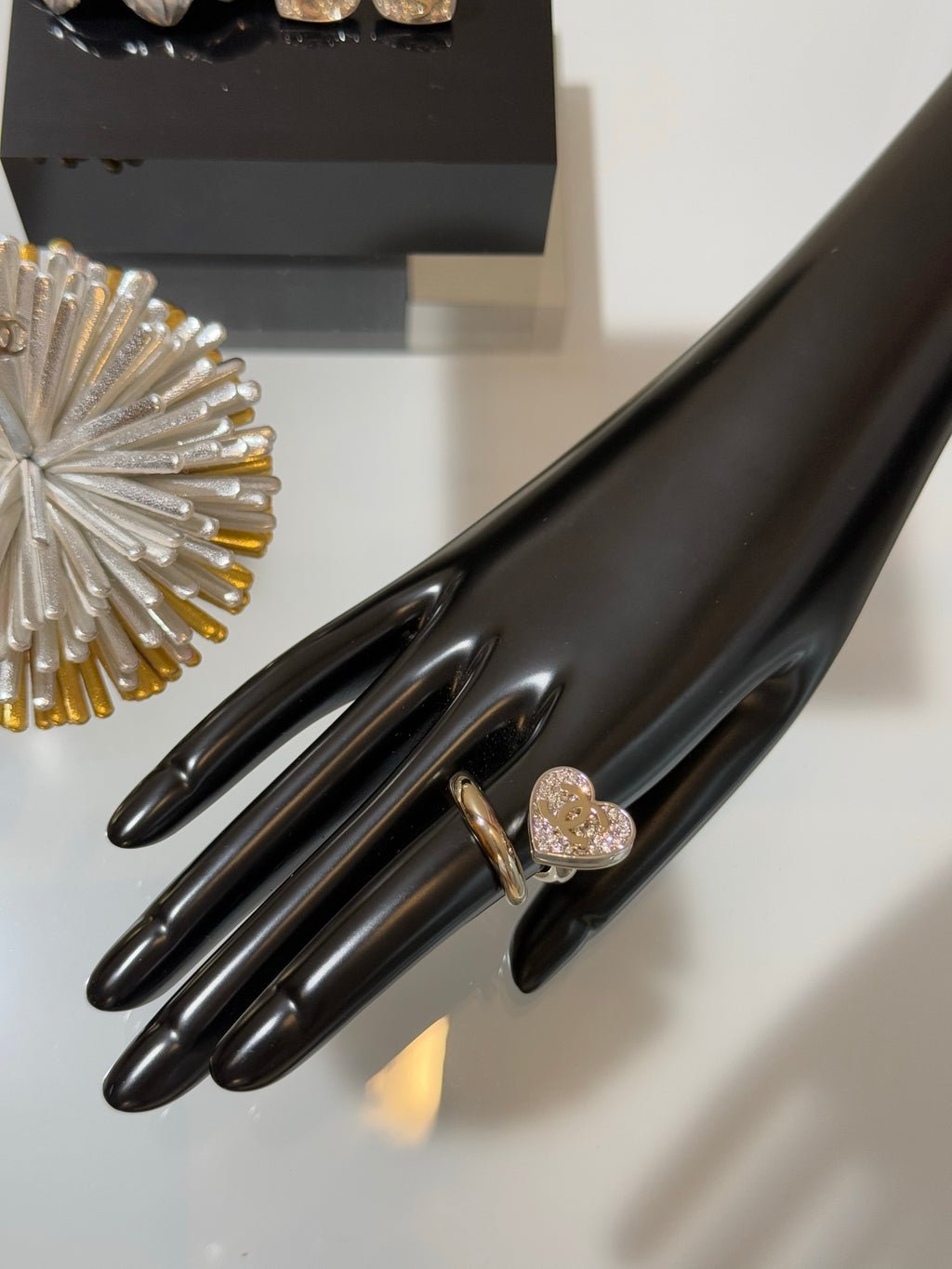 Chanel Interlocking C Two-Tone Heart Open Crystal Accent Ring - album image 7