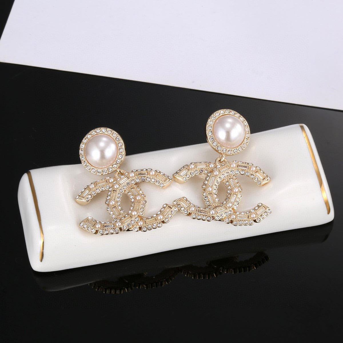 Chanel Interlocking C Gold-Tone Pearl Crystal Accent Earrings - album image 7