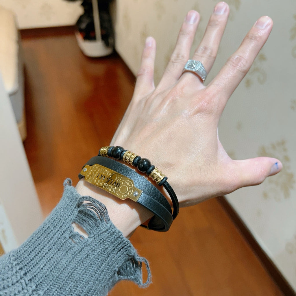Bvlgari Black Leather Gold-Tone Plaque Bracelet - album image 3