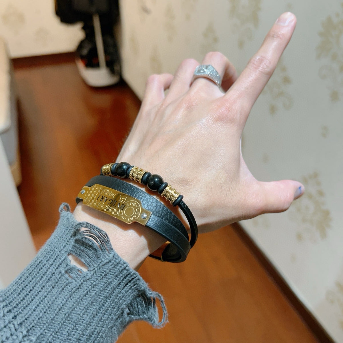 Bvlgari Black Leather Gold-Tone Plaque Bracelet - album image 7