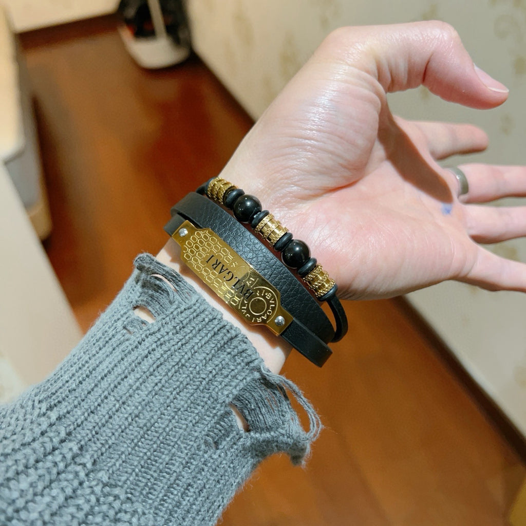 Bvlgari Black Leather Gold-Tone Plaque Bracelet - album image 4