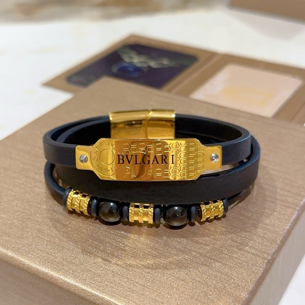 Bvlgari Black Leather Gold-Tone Plaque Bracelet - album image 1