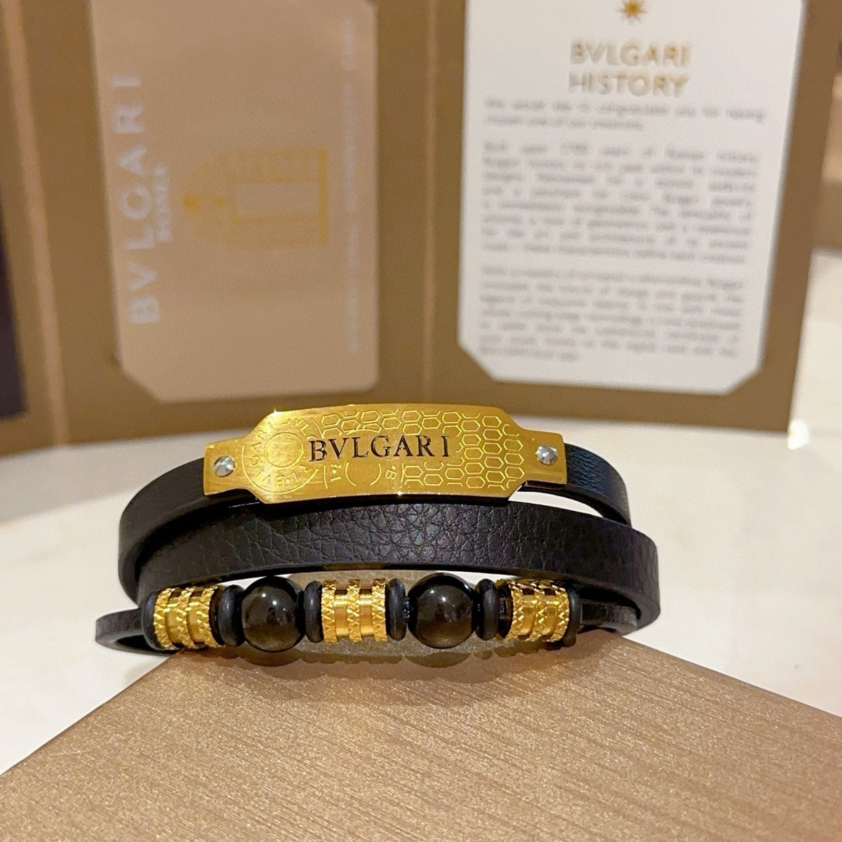 Bvlgari Black Leather Gold-Tone Plaque Bracelet - album image 5