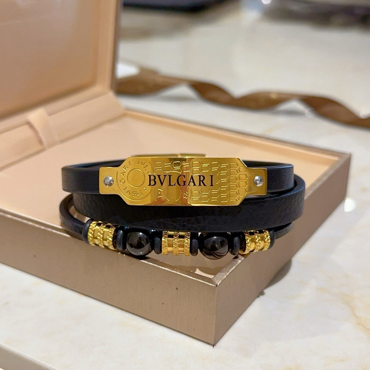 Bvlgari Black Leather Gold-Tone Plaque Bracelet - album image 6