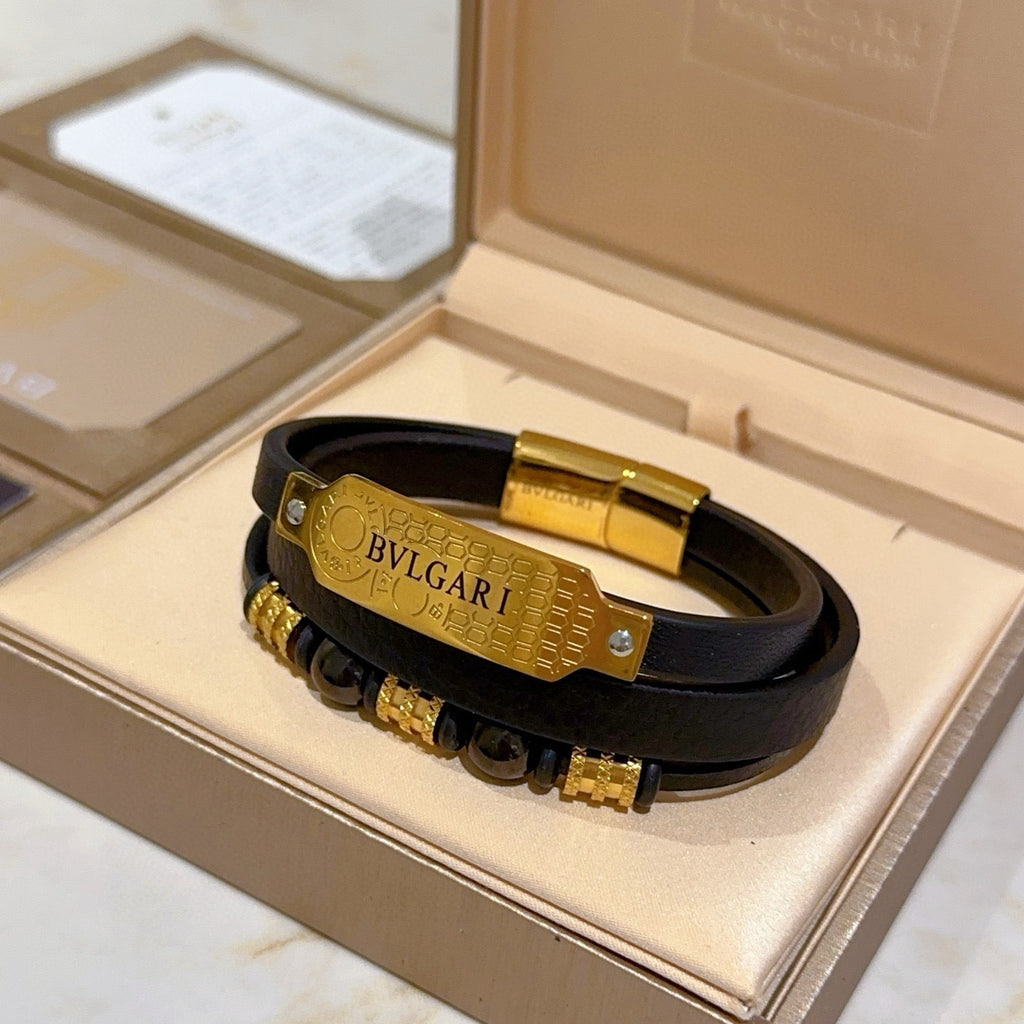 Bvlgari Black Leather Gold-Tone Plaque Bracelet - album image 9