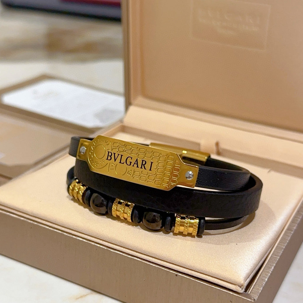 Bvlgari Black Leather Gold-Tone Plaque Bracelet - album image 8
