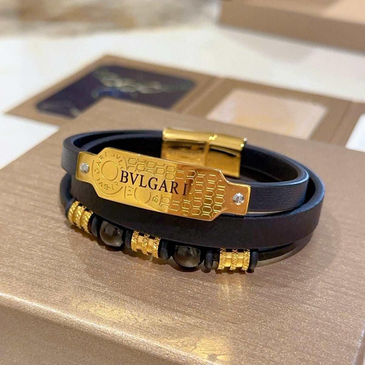 Bvlgari Black Leather Gold-Tone Plaque Bracelet - album image 2