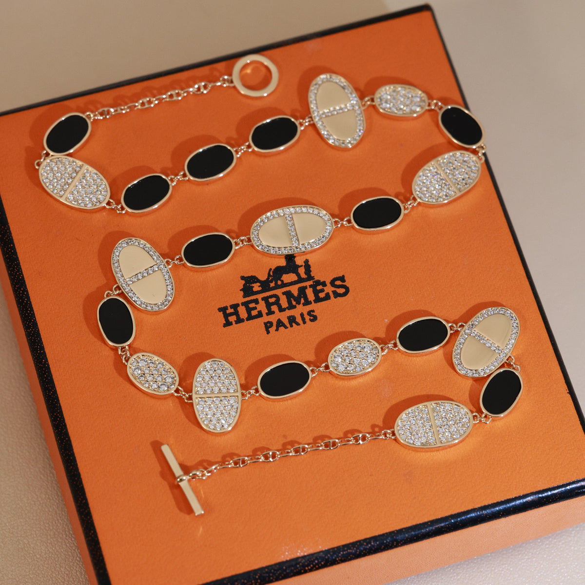 Hermès Gold-Tone Multistrand Black and White Bead Necklace - album image 6