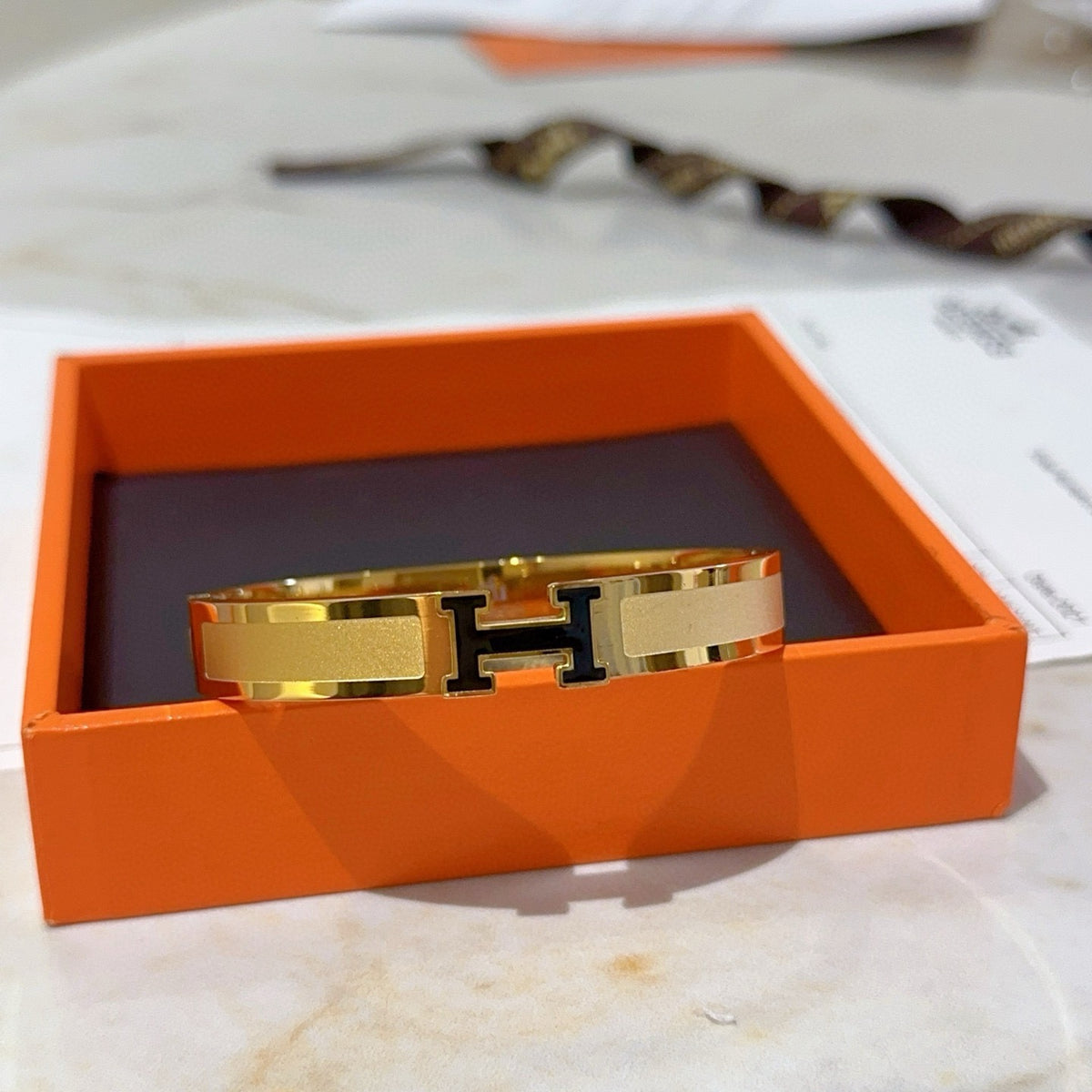 Hermès White Leather Gold-Tone H Bracelet - album image 5